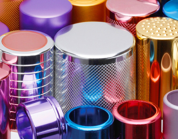 World-class anodised aluminium caps and shrouds in a group for the cosmetic and fragrance industries